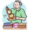 forsale Man examining a mantel clock, with books, cups, and plates stacked on a table beside him.