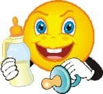 homeservice Smiling emoji holding a baby bottle in one hand and a pacifier in the other.
