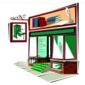 services Illustration of a storefront with green steps, large windows, and a sign showing office furniture and books.
