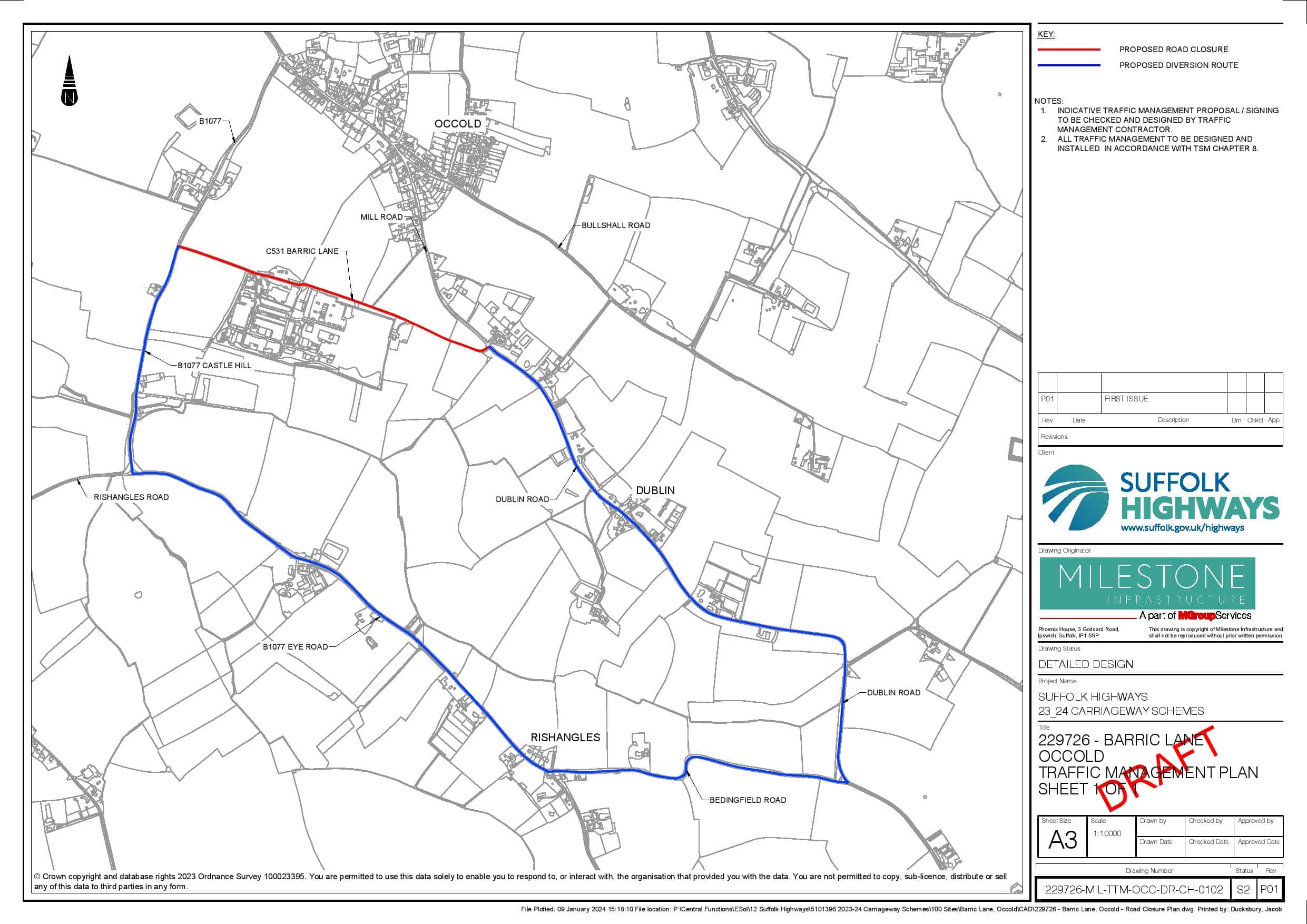 Map showing a road diversion route in blue and the closed road section in red near Occold, Suffolk, England.