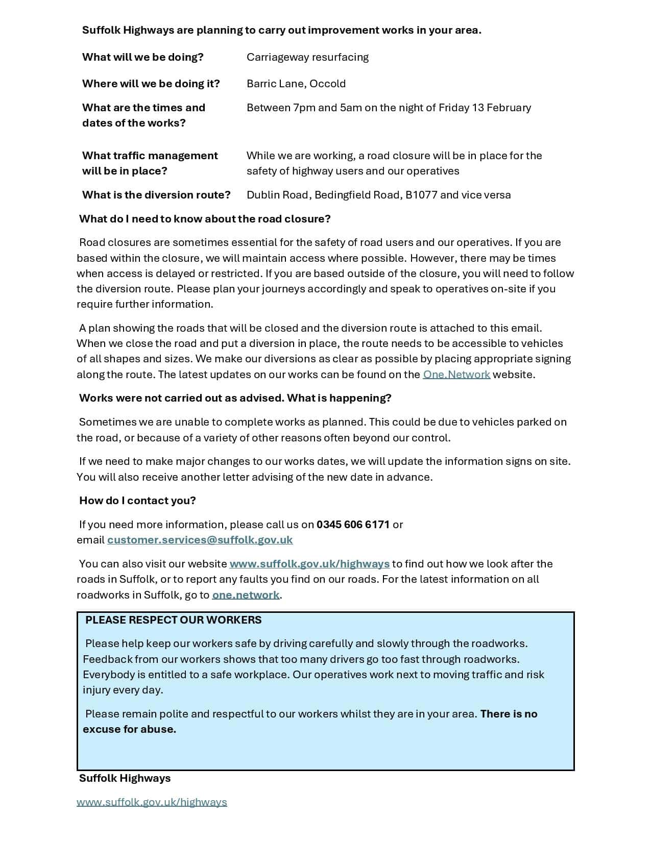 A notice about Suffolk Highways resurfacing work, including dates, diversion info, and safety guidance.