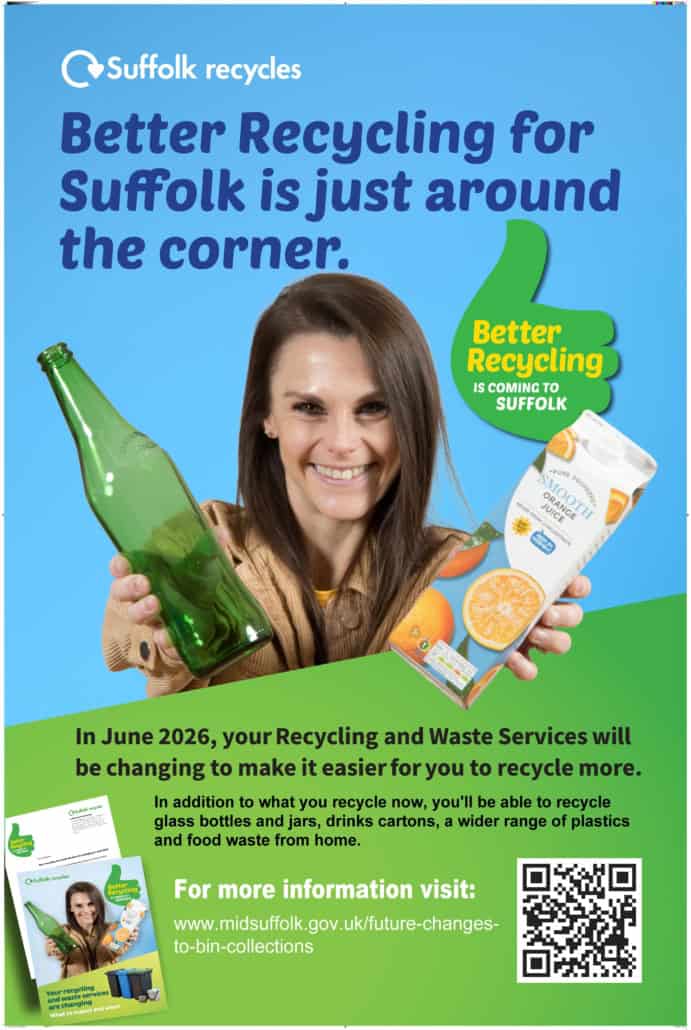 A smiling woman holds a glass bottle and a juice carton with "Better Recycling is coming to Suffolk" text beside her.