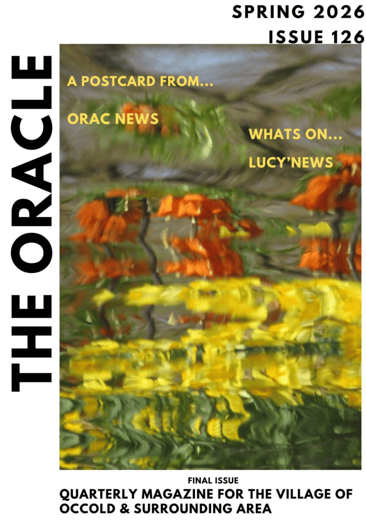 Abstract reflection of orange flowers on water, with magazine text for "The Oracle, Spring 2026, Issue 126.