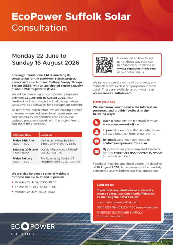 EcoPower Suffolk Solar Consultation poster with event details, timetable, and information about the solar project.