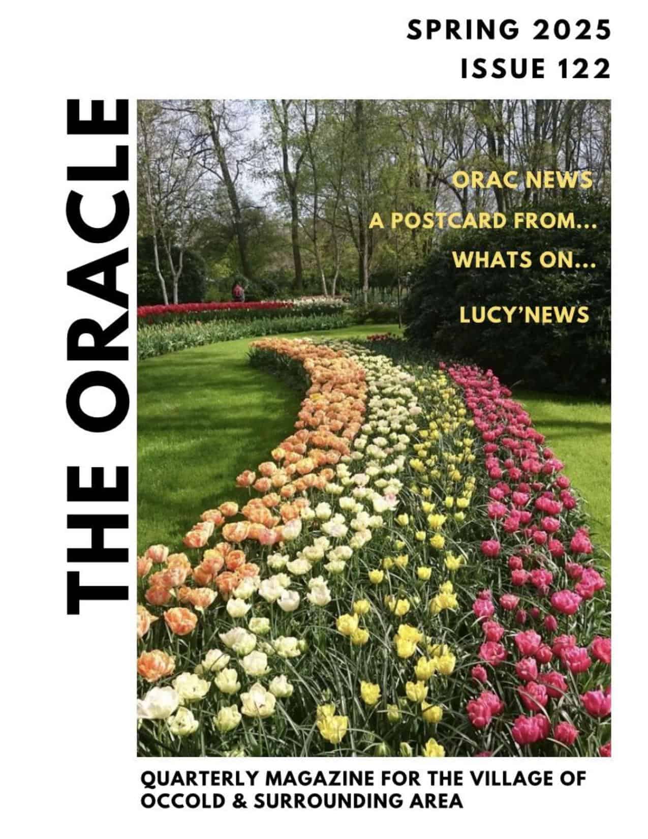 Curved rows of colourful tulips in a garden, featured on the cover of The Oracle Spring 2025 magazine.