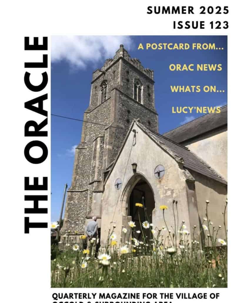 Stone church with a tall tower, wildflowers in front, magazine cover text about village news, summer 2025.
